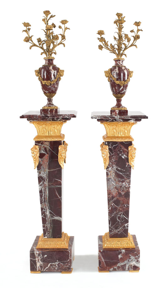Pair of ormolu mounted marble candelabra, 25 inches high, together with matching pedestal bases, 40 1/4 inches high. Estimate: $3,000-$5,000. Image courtesy of Pook & Pook Inc.